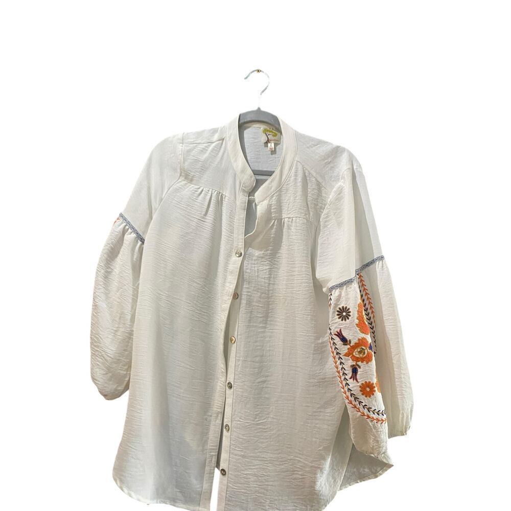 Fig And Flower White Long Sleeves Button Front Embroidered Shirt Top Size Large